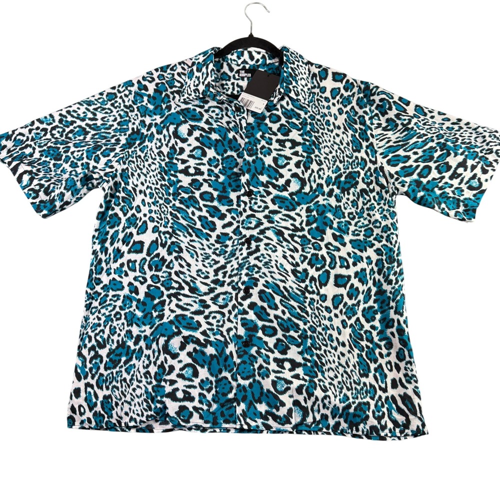 THE Kooples Blue Leopard Print Short Sleeve Button‎ Up Shirt Size Small NEW